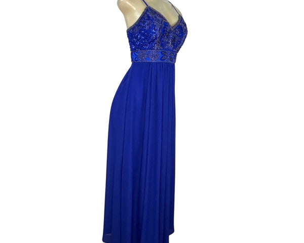 Sue Wong Royal Blue Beaded Maxi Dress With Spaghetti Straps & V-Neckline Size 2