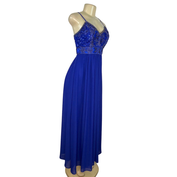 Sue Wong Royal Blue Beaded Maxi Dress With Spaghetti Straps & V-Neckline Size 2