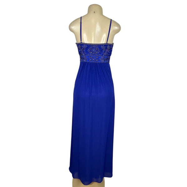 Sue Wong Royal Blue Beaded Maxi Dress With Spaghetti Straps & V-Neckline Size 2