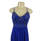 Sue Wong Royal Blue Beaded Maxi Dress With Spaghetti Straps & V-Neckline Size 2