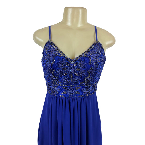 Sue Wong Royal Blue Beaded Maxi Dress With Spaghetti Straps & V-Neckline Size 2