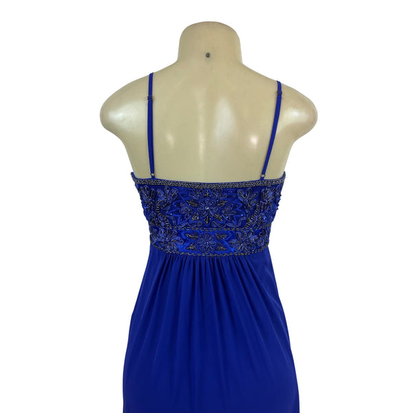 Sue Wong Royal Blue Beaded Maxi Dress With Spaghetti Straps & V-Neckline Size 2