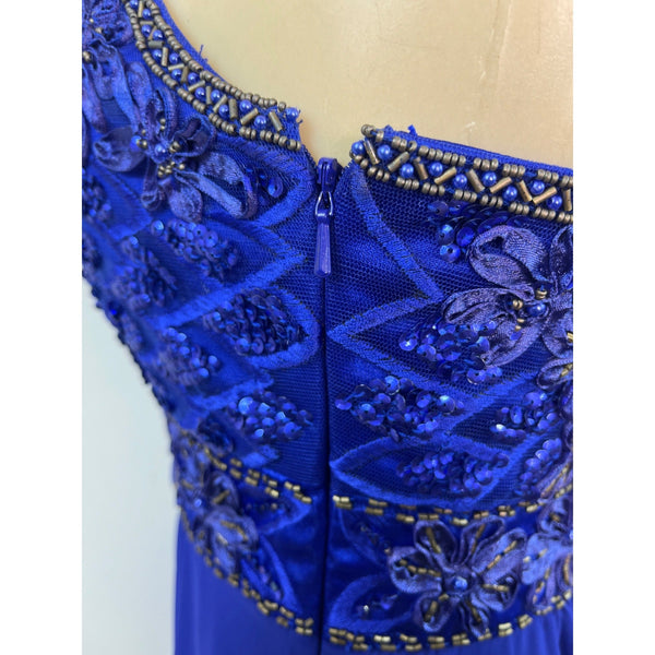 Sue Wong Royal Blue Beaded Maxi Dress With Spaghetti Straps & V-Neckline Size 2
