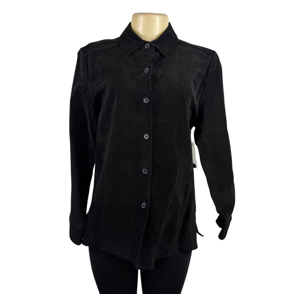 Sutton Studio Womens Black Suede Button-Down Shirt Long Sleeve Sz Large