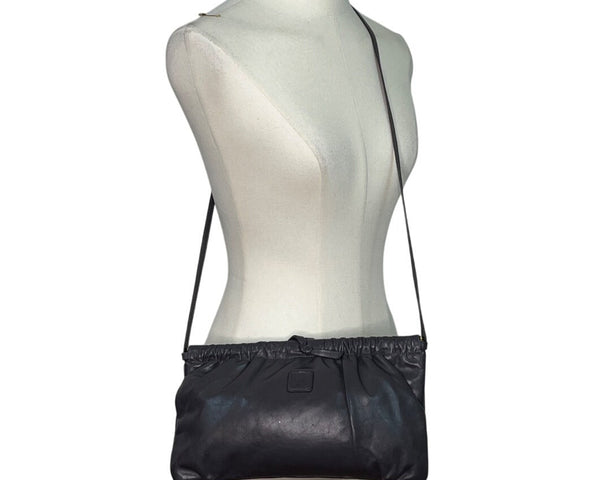 Anne Klein For Calderon Grey Leather With Drawstring Detail Crossbody Bag Sz S