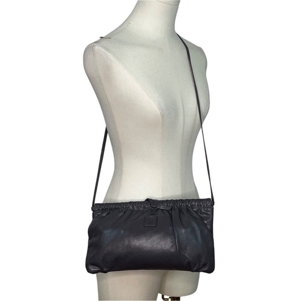 Anne Klein For Calderon Grey Leather With Drawstring Detail Crossbody Bag Sz S