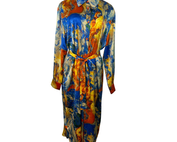 Fashion Nova Abstract Print Long-Sleeve Button-Down Belted Midi Dress Sz L - New