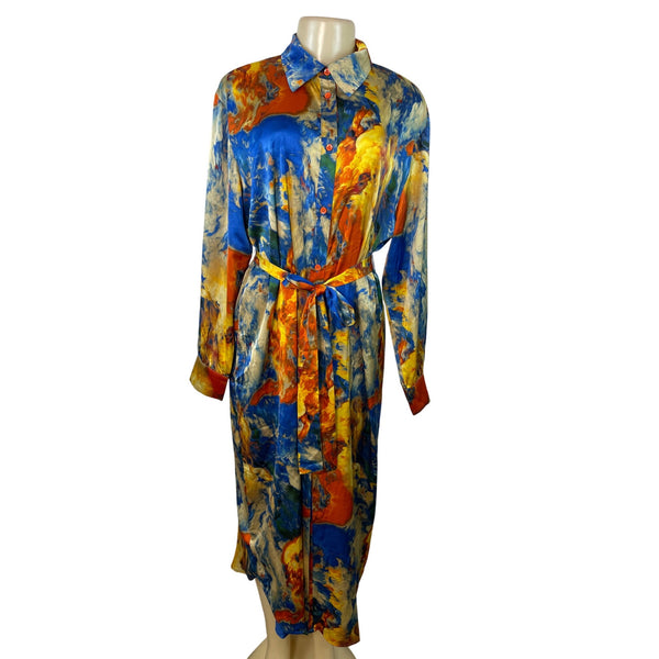 Fashion Nova Abstract Print Long-Sleeve Button-Down Belted Midi Dress Sz L - New