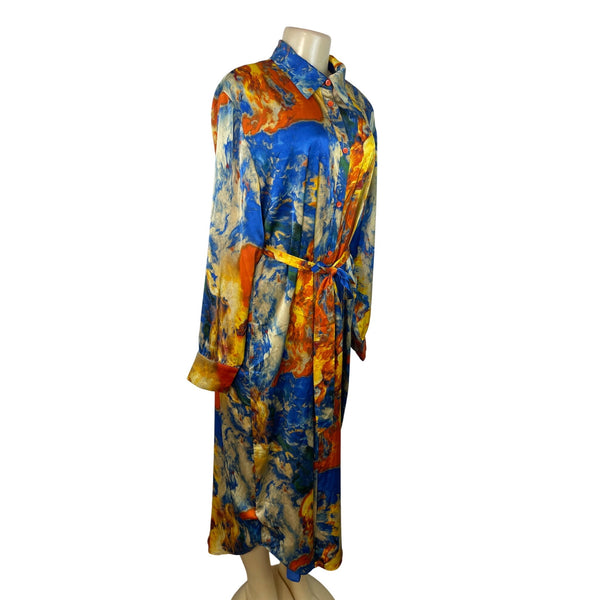 Fashion Nova Abstract Print Long-Sleeve Button-Down Belted Midi Dress Sz L - New