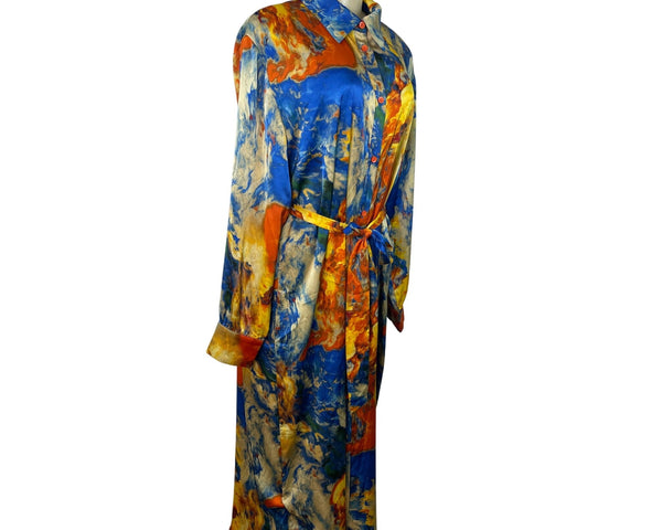 Fashion Nova Abstract Print Long-Sleeve Button-Down Belted Midi Dress Sz L - New