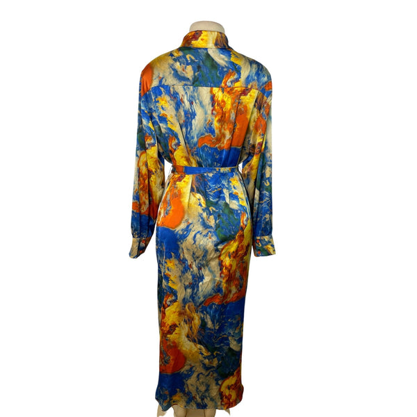 Fashion Nova Abstract Print Long-Sleeve Button-Down Belted Midi Dress Sz L - New