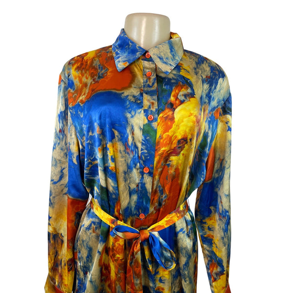 Fashion Nova Abstract Print Long-Sleeve Button-Down Belted Midi Dress Sz L - New