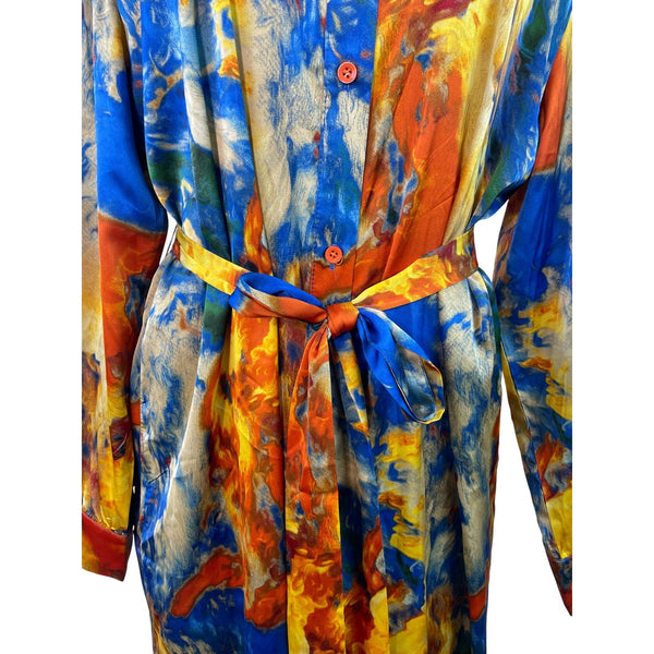 Fashion Nova Abstract Print Long-Sleeve Button-Down Belted Midi Dress Sz L - New