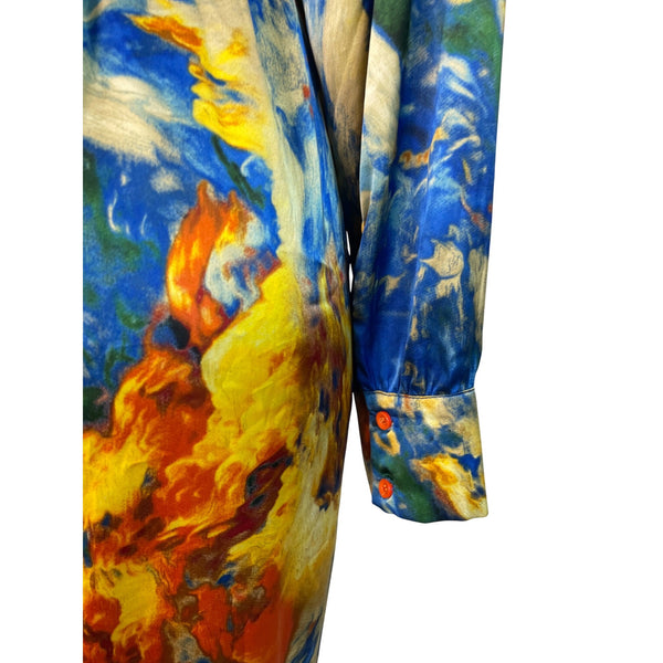 Fashion Nova Abstract Print Long-Sleeve Button-Down Belted Midi Dress Sz L - New