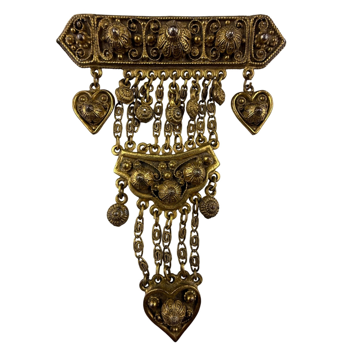 Rice-Weiner Etrusceana Dangling Gold Tone Filigree Brooch With Heart Charms