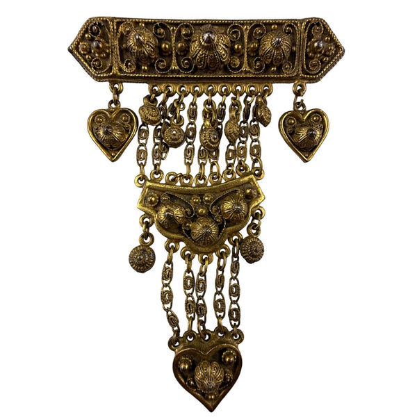 Rice-Weiner Etrusceana Dangling Gold Tone Filigree Brooch With Heart Charms