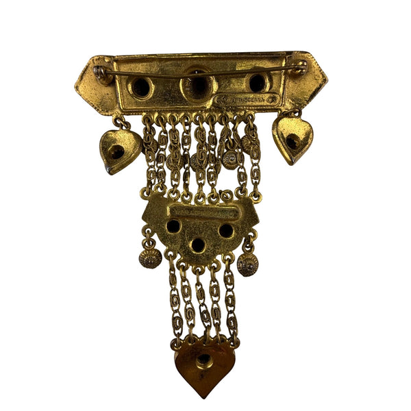 Rice-Weiner Etrusceana Dangling Gold Tone Filigree Brooch With Heart Charms