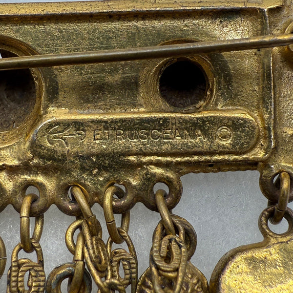 Rice-Weiner Etrusceana Dangling Gold Tone Filigree Brooch With Heart Charms