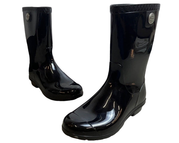 UGG Women's Shiny Black Rubber Signature Logo Sienna Rain Boots Sz 7