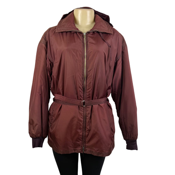 Women’s Burgundy Hooded Belted Jacket Lightweight Coat