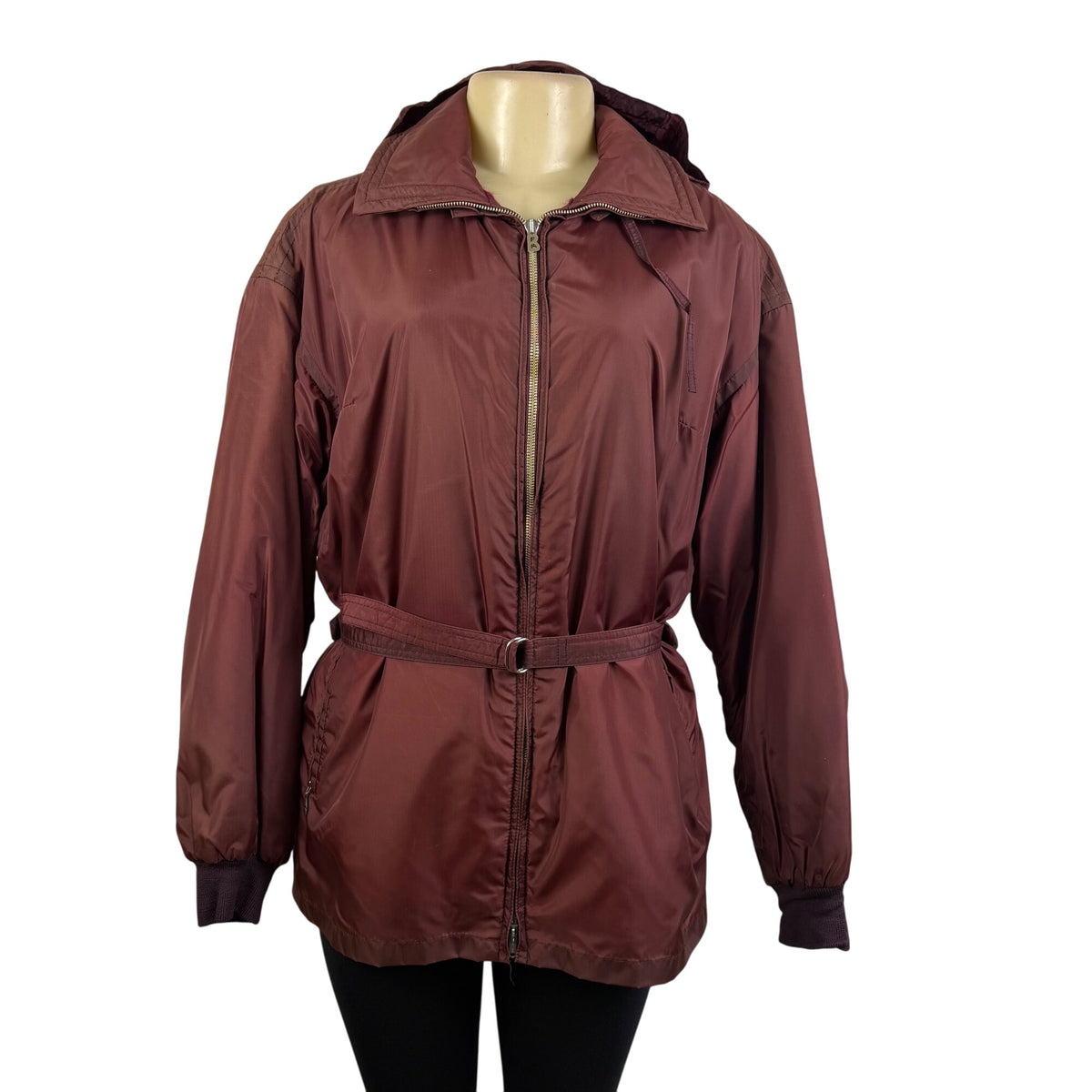 Women’s Burgundy Hooded Belted Jacket Lightweight Coat