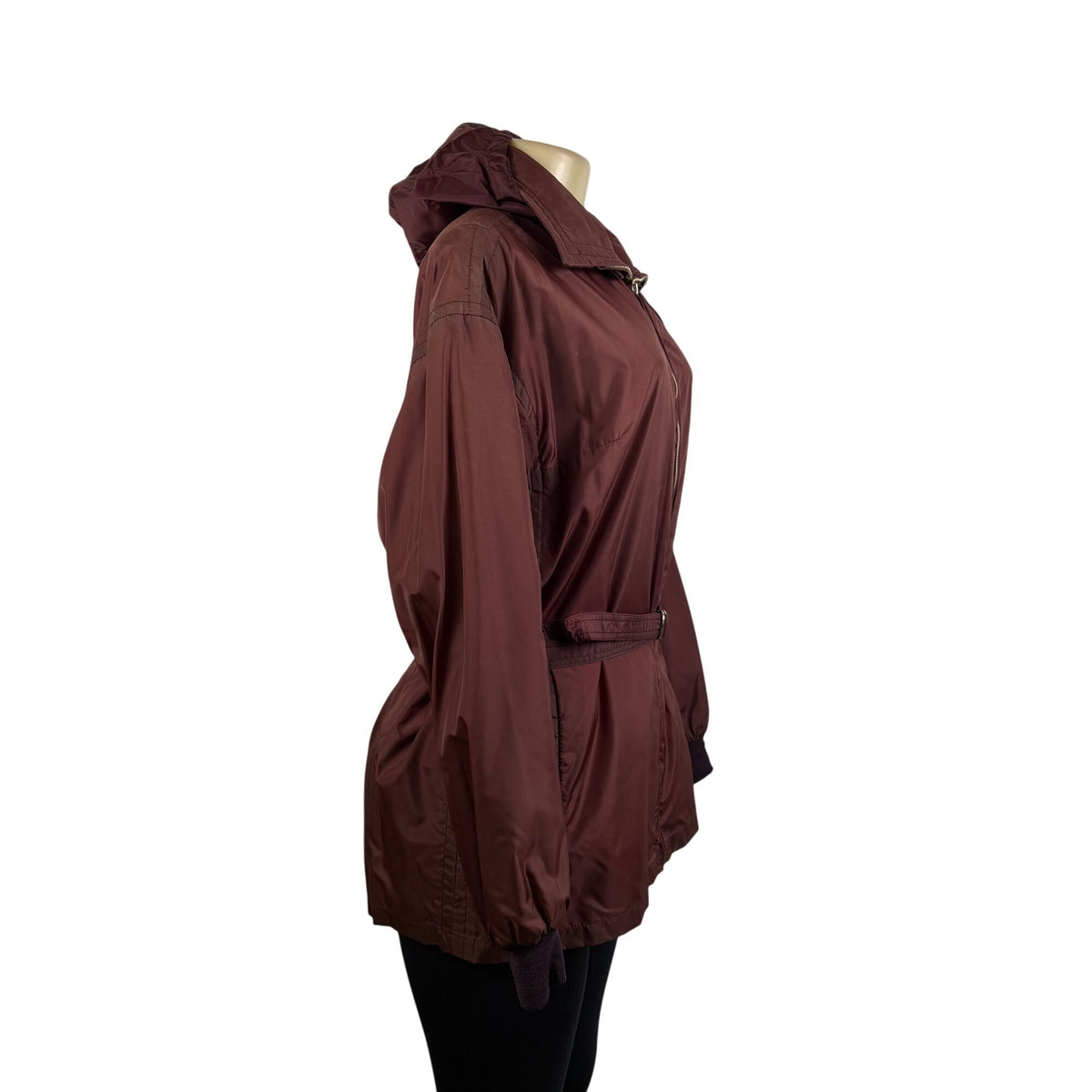Women’s Burgundy Hooded Belted Jacket Lightweight Coat