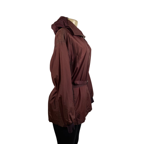 Women’s Burgundy Hooded Belted Jacket Lightweight Coat