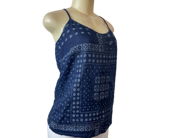 J.Crew Womens Navy Blue Bandana Print Spaghetti Strap Linen Tank Top Size 2