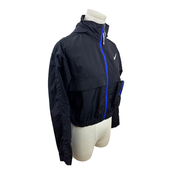 Nike Womens Black & Blue Cropped Windbreaker Jacket With Hood Zip Sz XS