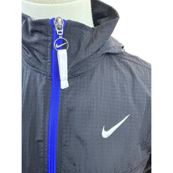 Nike Womens Black & Blue Cropped Windbreaker Jacket With Hood Zip Sz XS