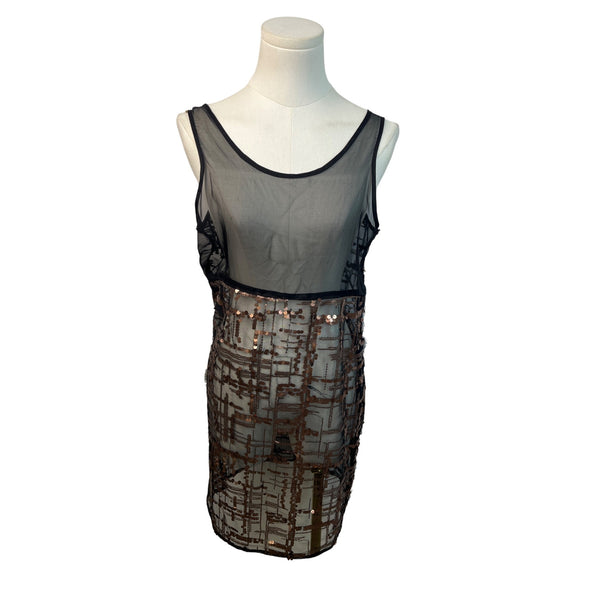 Black Sheer Sleeveless Dress With Bronze Sequin Geometric Pattern
