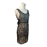 Black Sheer Sleeveless Dress With Bronze Sequin Geometric Pattern