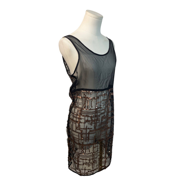 Black Sheer Sleeveless Dress With Bronze Sequin Geometric Pattern