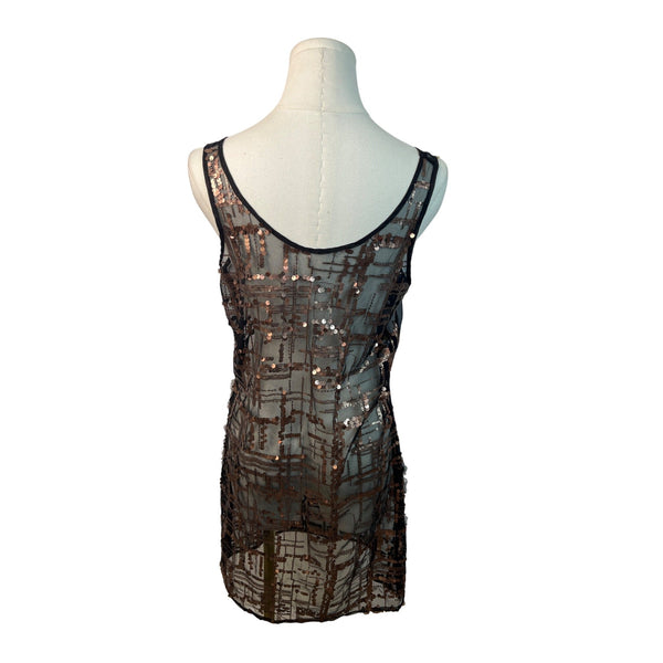 Black Sheer Sleeveless Dress With Bronze Sequin Geometric Pattern