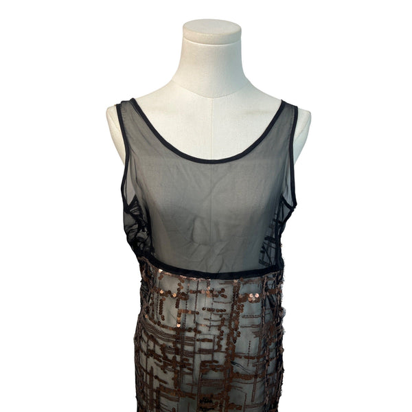 Black Sheer Sleeveless Dress With Bronze Sequin Geometric Pattern