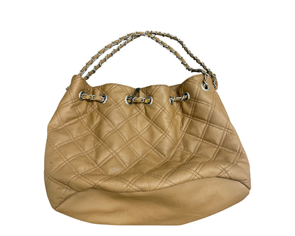 Quilted Tote Bag With Chain Handles Soft Tan Leather Medium Size