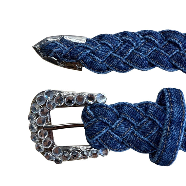 Vintage Simply Barbs Braided Denim Belt With Rhinestone Buckle & Tip