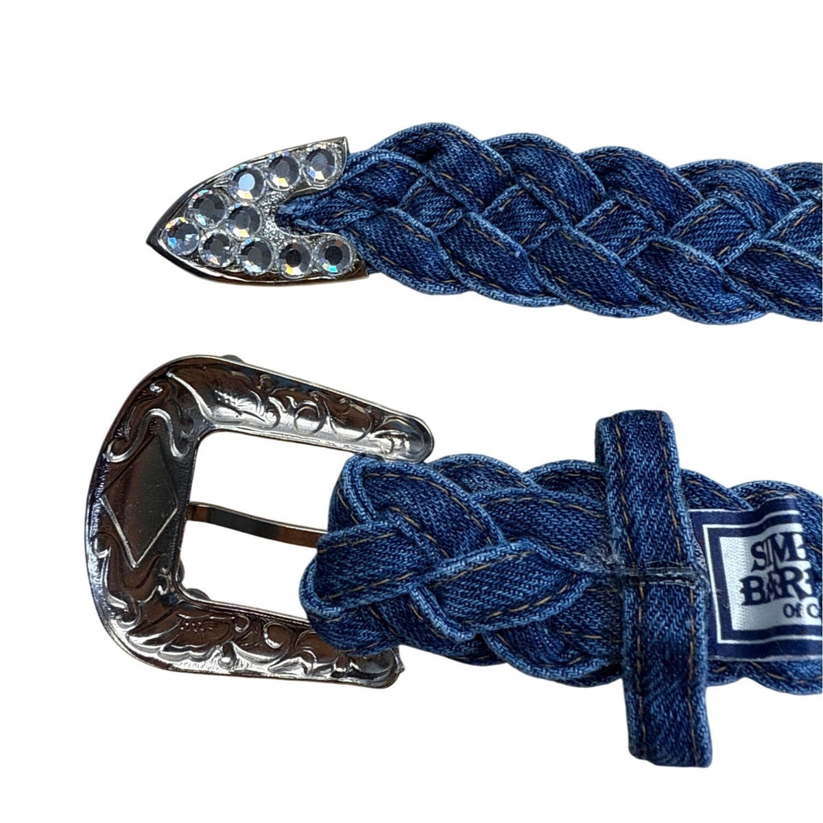 Vintage Simply Barbs Braided Denim Belt With Rhinestone Buckle & Tip