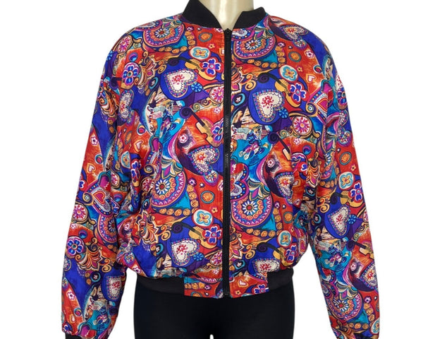 Margueritelli Womens Vintage Silk Bomber Jacket Paisley Print Multicolor Size M