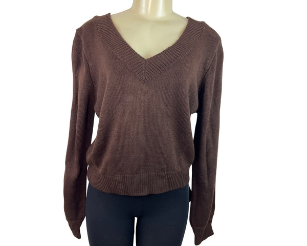 Zaful Brown V-Neck Knit Sweater Womens Long Sleeve Pullover Size M - New