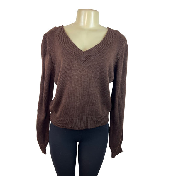 Zaful Brown V-Neck Knit Sweater Womens Long Sleeve Pullover Size M - New