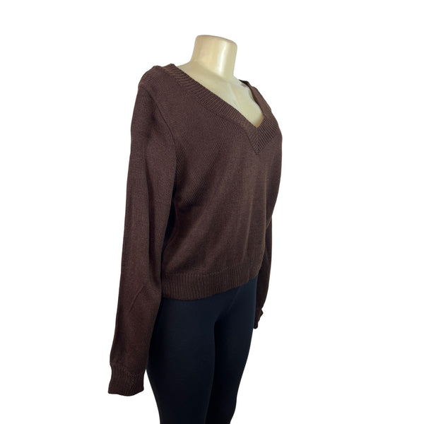 Zaful Brown V-Neck Knit Sweater Womens Long Sleeve Pullover Size M - New