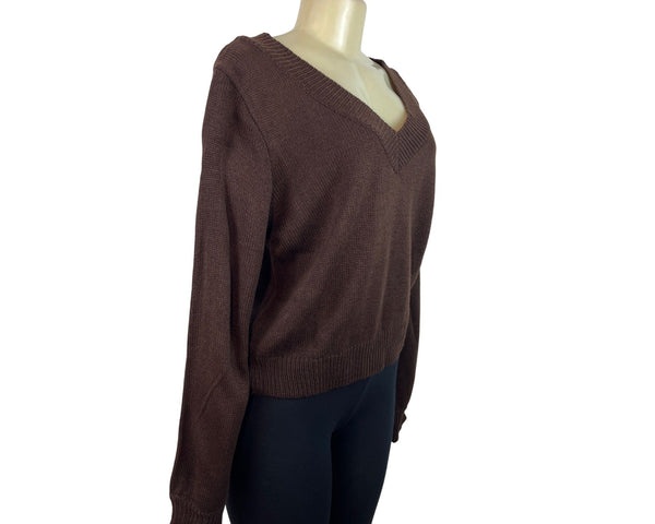 Zaful Brown V-Neck Knit Sweater Womens Long Sleeve Pullover Size M - New