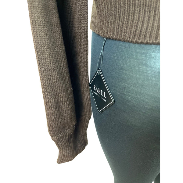Zaful Brown V-Neck Knit Sweater Womens Long Sleeve Pullover Size M - New