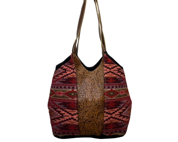 Pokoloko Women’s Multicolor Fabric & Leather Boho Pattern Handmade Tote Bag Sz M