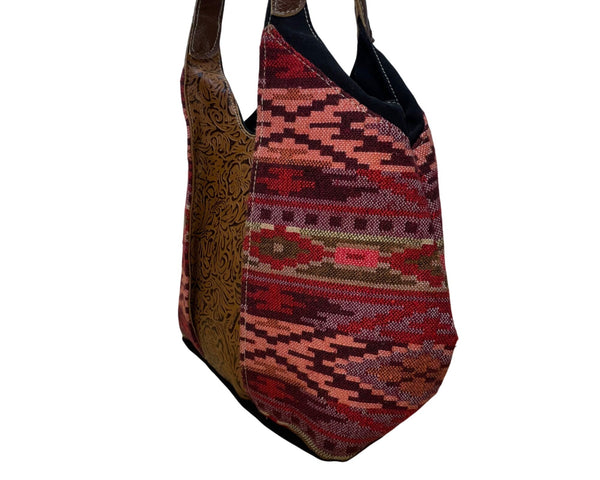 Pokoloko Women’s Multicolor Fabric & Leather Boho Pattern Handmade Tote Bag Sz M