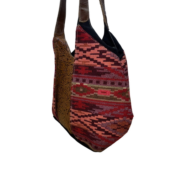Pokoloko Women’s Multicolor Fabric & Leather Boho Pattern Handmade Tote Bag Sz M