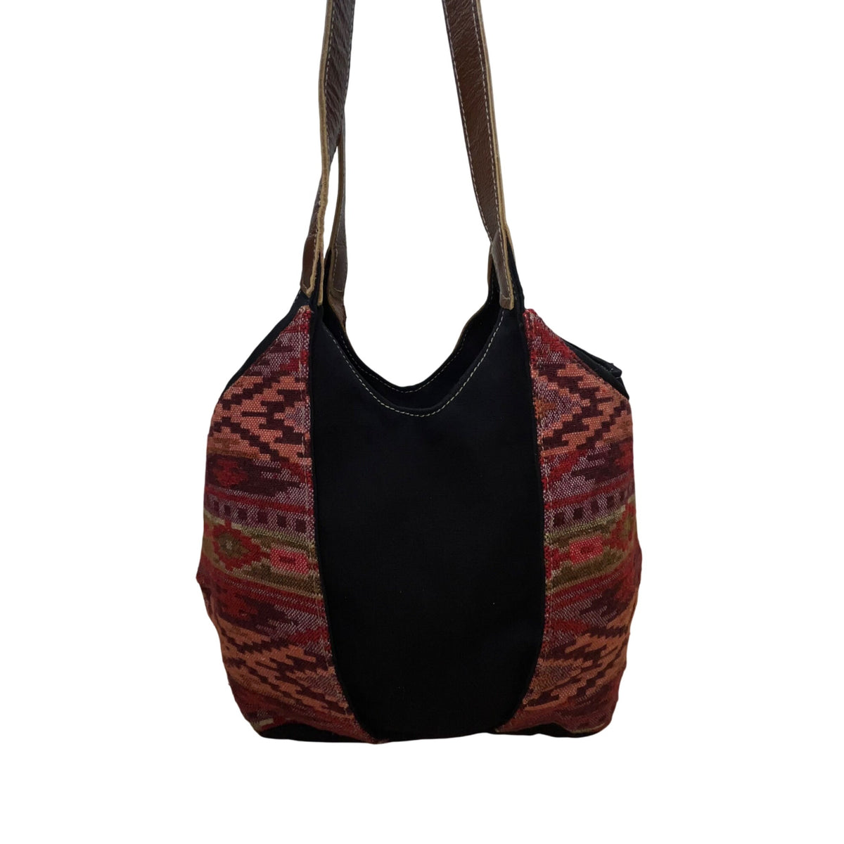 Pokoloko Women’s Multicolor Fabric & Leather Boho Pattern Handmade Tote Bag Sz M