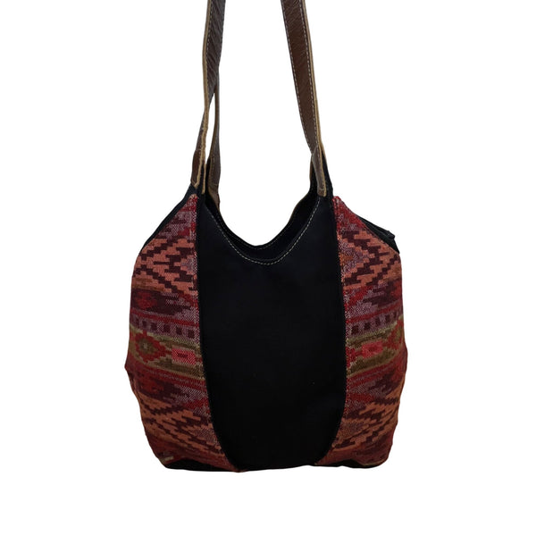 Pokoloko Women’s Multicolor Fabric & Leather Boho Pattern Handmade Tote Bag Sz M