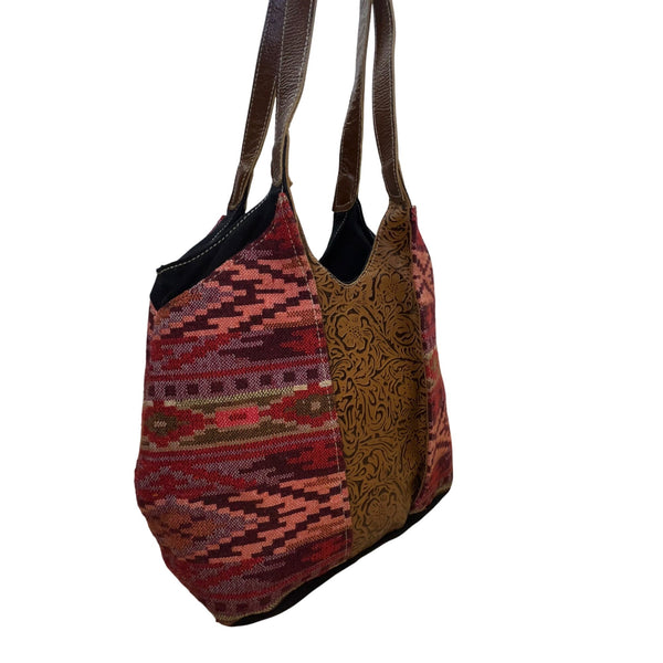 Pokoloko Women’s Multicolor Fabric & Leather Boho Pattern Handmade Tote Bag Sz M